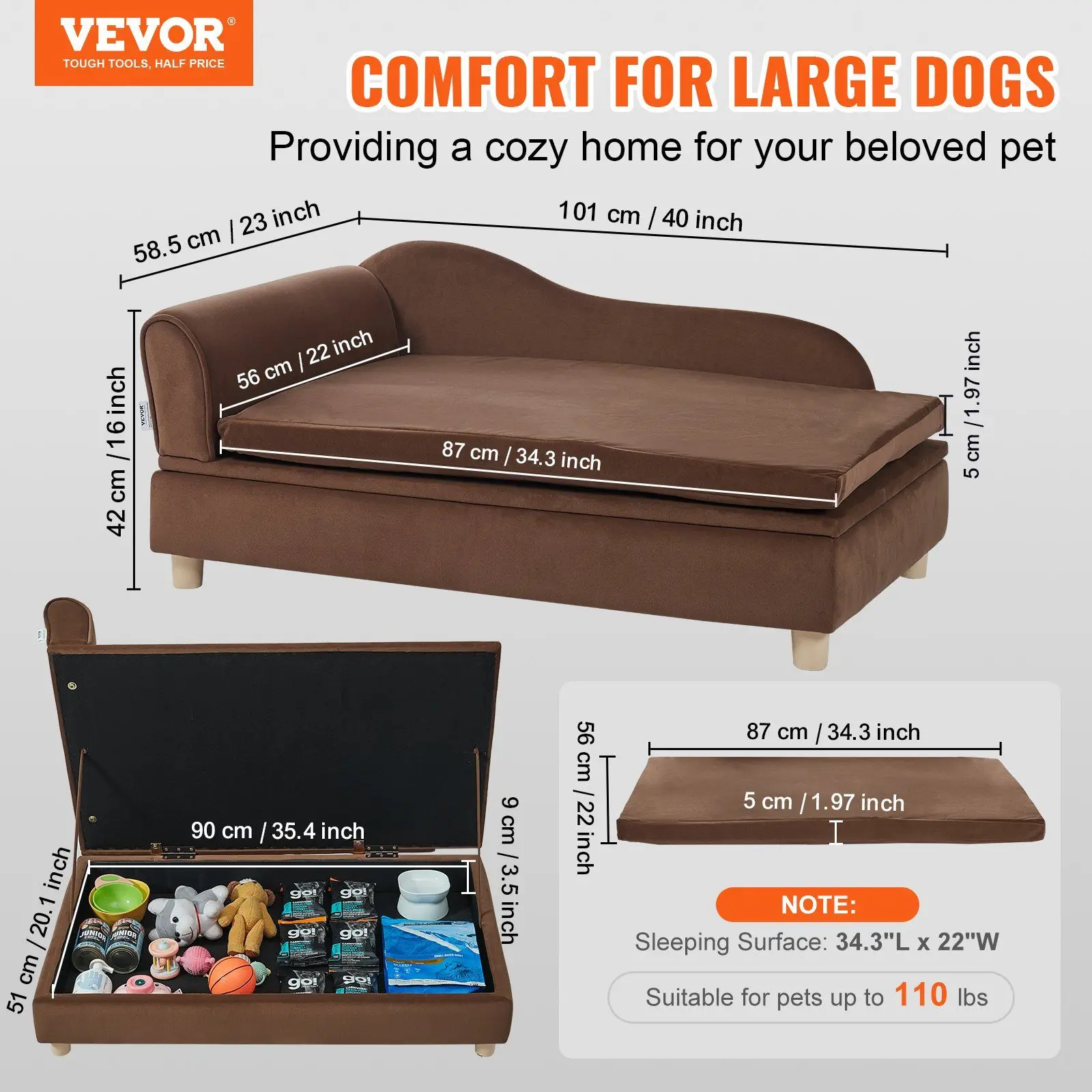 Pet Sofa, Dog Couch for Large-Sized Dogs and Cats, Soft Velvety Dog Sofa Bed, 110 lbs Loading Cat Sofa, Dark Brown