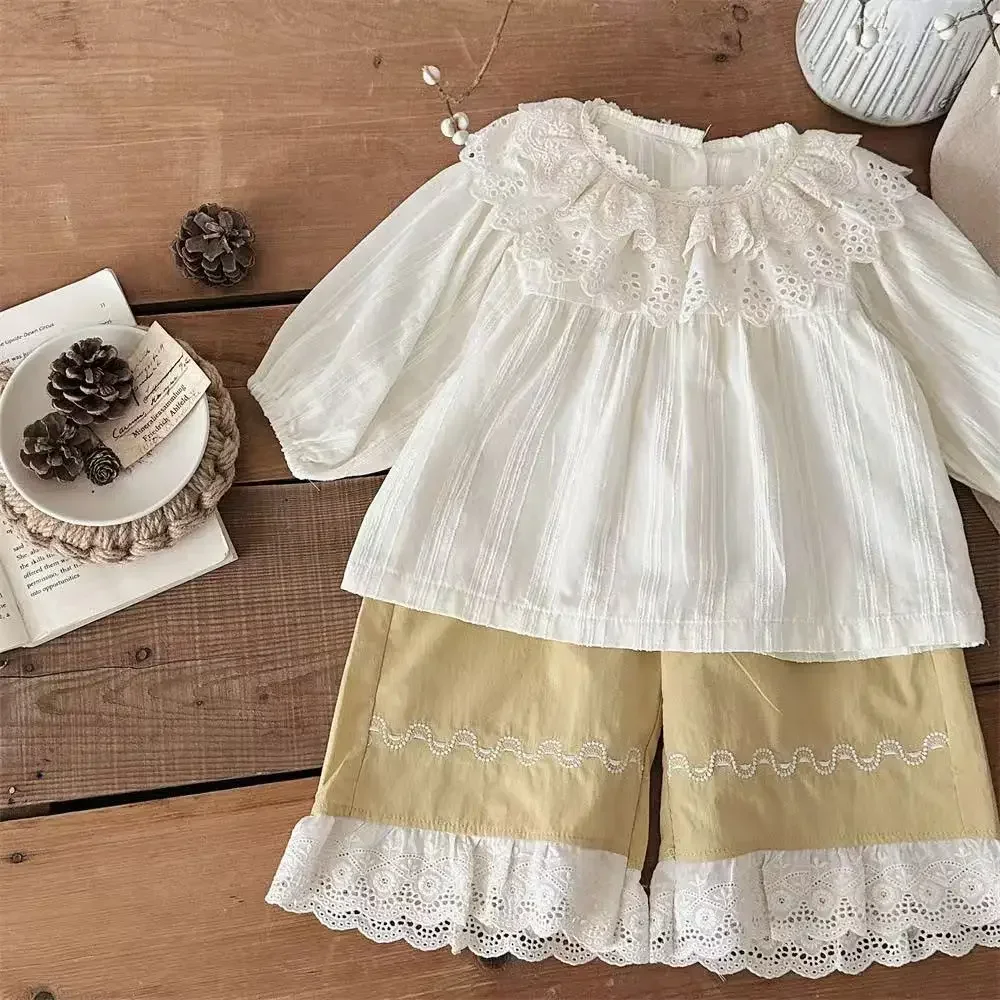 

New Spring Baby Clothes Set Toddler Cute Lace Shirt Girls Wide Leg Pants Infant Simple Outwear