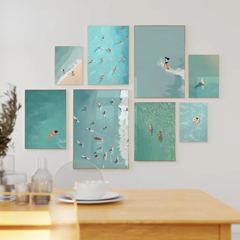 Large Beach Minimal Poster Ocean Scenery Surf Riding Canvas Painting Aesthetic Wall Art for Trendy Living Room Home Decor Mur