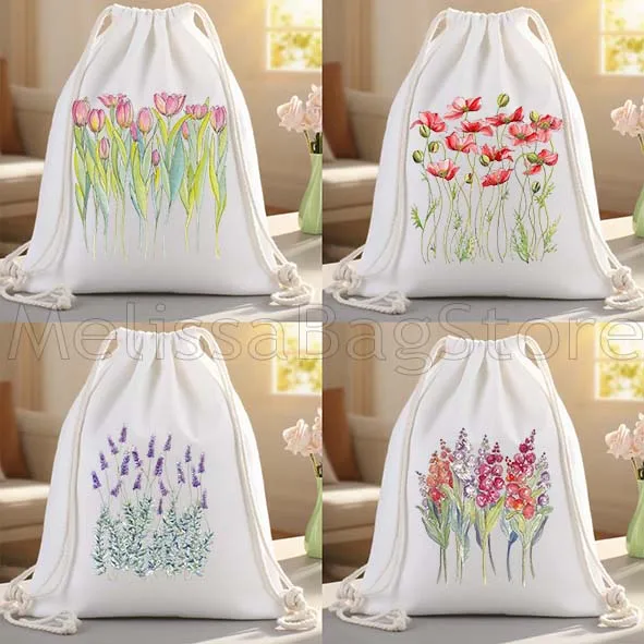 Pink Daisies Cornflowers Cosmos Flower Tulip Poppies Canvas Drawstring Bags Soccer Backpack Gym Sackpack String Bag for Sports