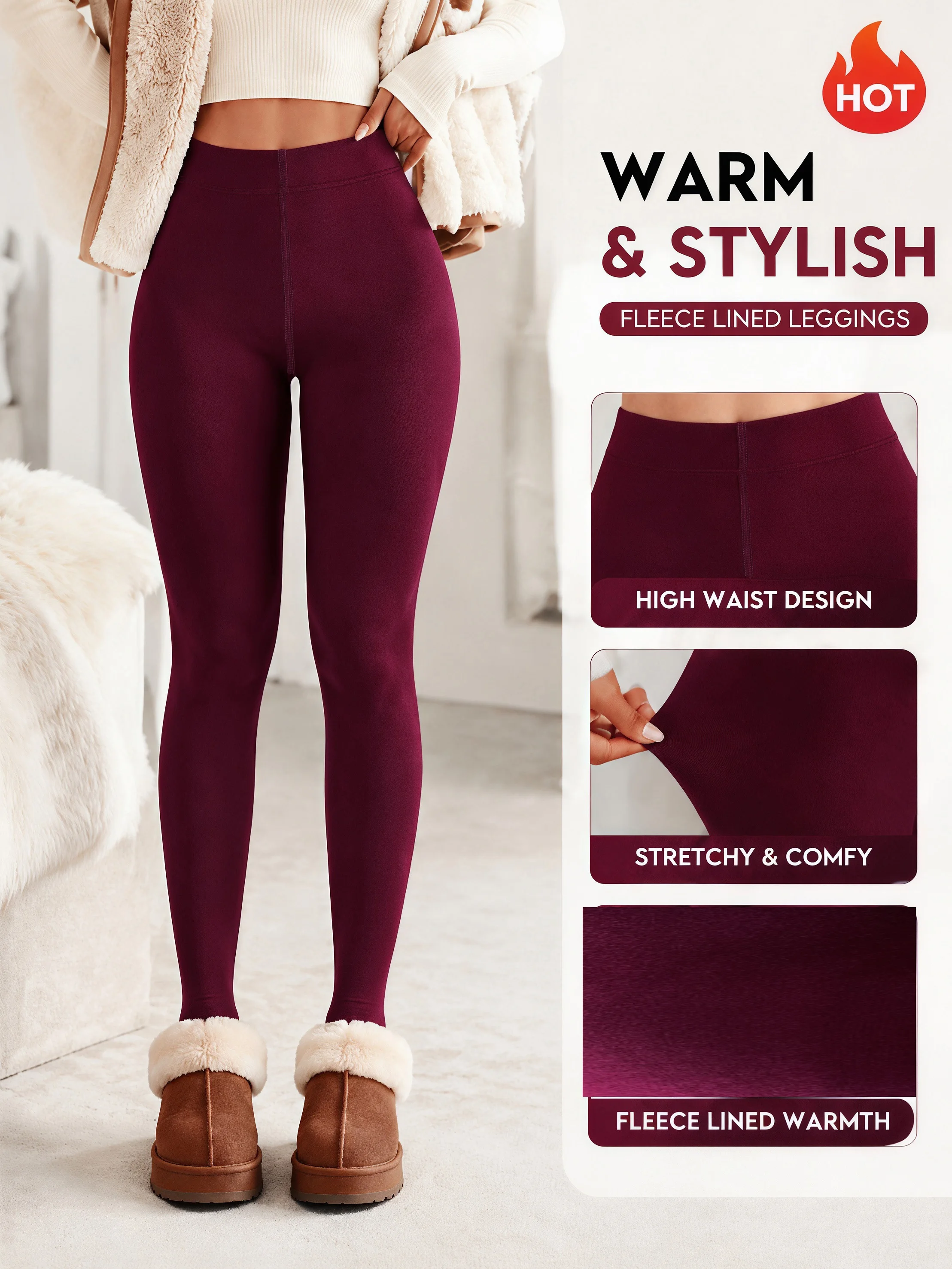 Burgundy Brushed Footed Tights High Waist Warm Fleece Pantyhose for Fall Winter Commute Workout and Travel Casual Wear