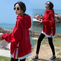 2022 new maternity suits large size mid-length two-piece suit pregnant women big red hooded sweater ladies casual loose top