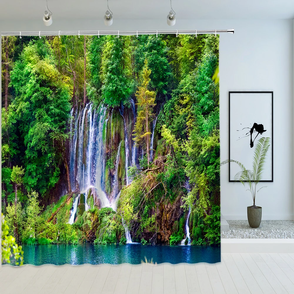 

Waterfall Spring Scape Shower Curtain Tropical Jungle River Plant Natural Scenery Waterproof with Hook Bath Screen Bathroom Deco