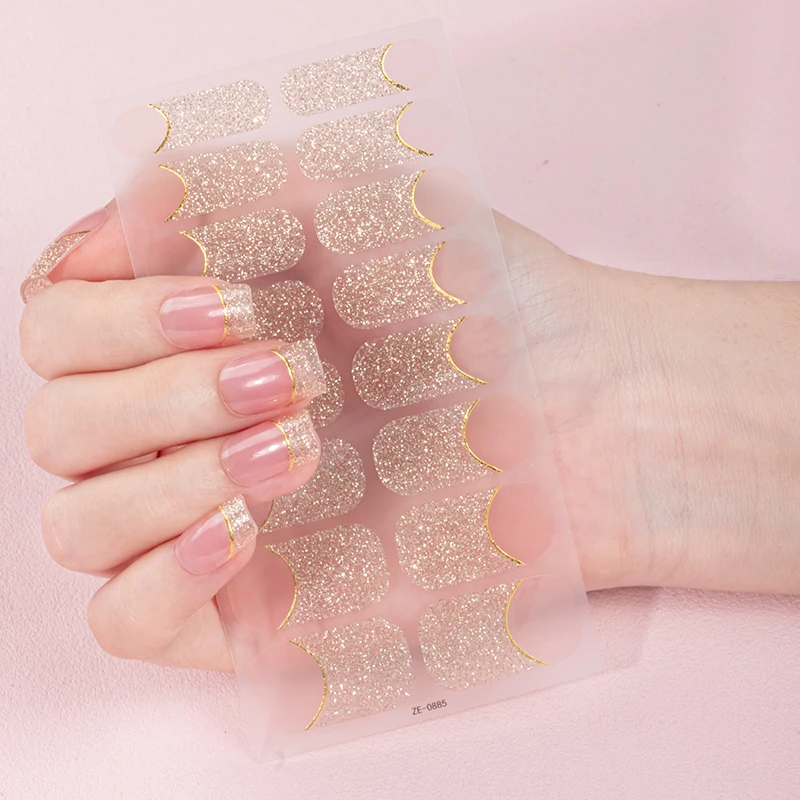 16Tips Sparkling DIY Baking-Free Nail Stickers French Nail Patch Full Cover Adhesive Nail Wraps Manicures Decoration Decal