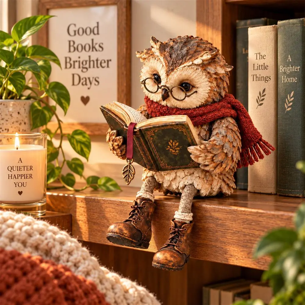 Reading Pose Owl Figurine Glasses Boots Detail Owl Sculpture Scarf Detail Detailed Sculpture Reading Owl Statue