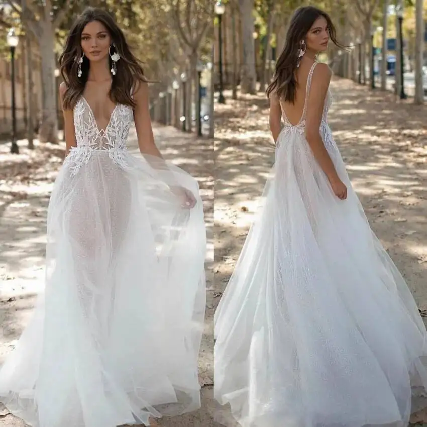 

Sale Hot Lace Backless Beach Wedding Dresses Deep V Neck A Bridal Gowns Tulle Sweep Train Robe De Mari E