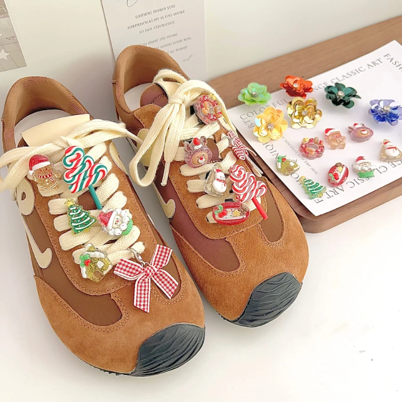 

12pcs Christmas Shoe Flower Lace Buckles, Sequin Studded Rhinestone Decorations for Sneakers with Plaid Bow and Reindeer Design