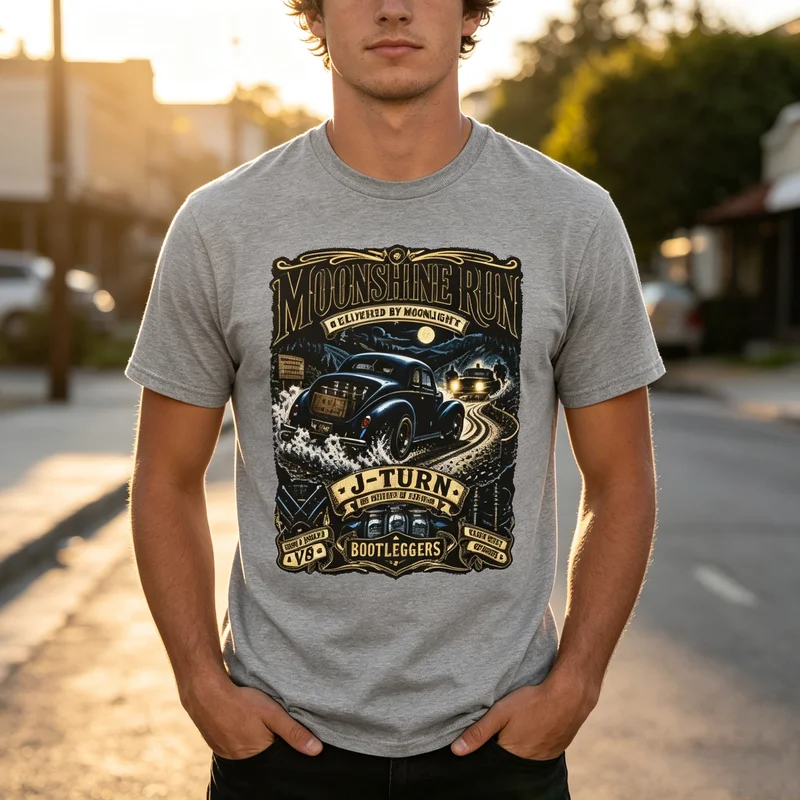 Moonshine Run Vintage T-Shirt Bootlegger Stock Car Racing History Tee Vintage Night Road Graphic Print Soft Cotton Crew Neck