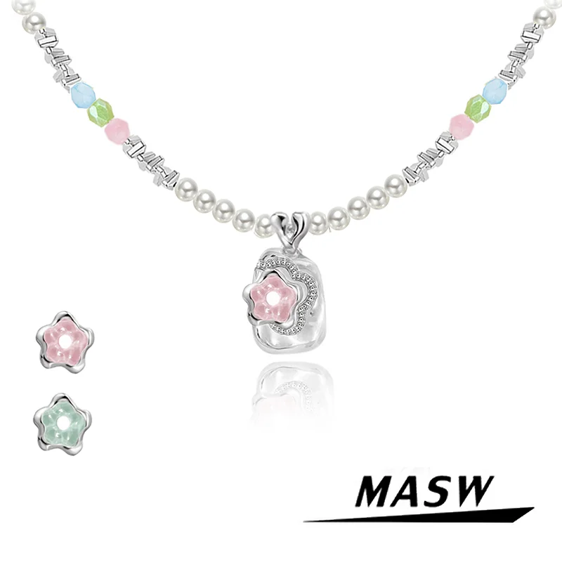 MASW Original Design Sweet Jewelry Thick Silver Color Flower Pendant Simulated Pearl Necklace For Women Spring Summer Trend