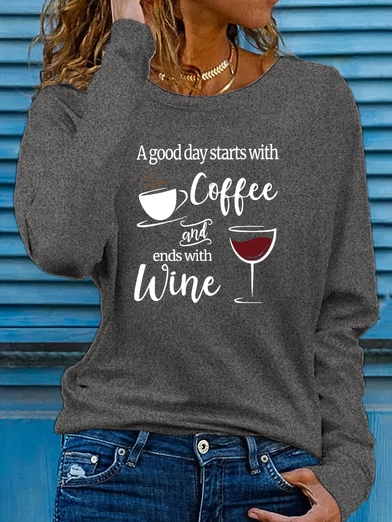 Women's Spring and Autumn 100% Pure Cotton Fashionable Casual Loose Coffee and Wine Printed Round Neck Long Sleeved T-Shirt Top