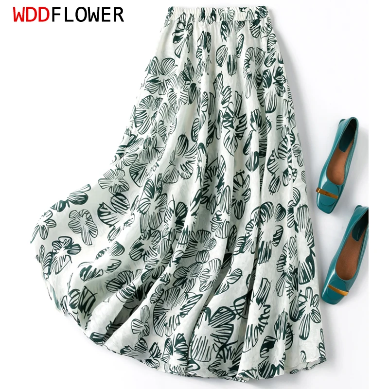 Women Silk Skirt 50% Mulberry Silk 50% Linen Elegant White Floral Printed Long Type Chic Skirts Summer Beach Big Hem MM987