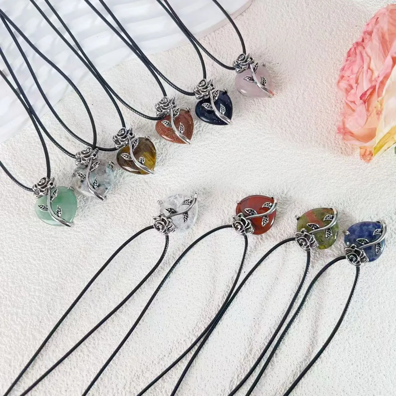 

Romantic Rose Heart Natural Crystal Necklaces, Love Healing Jewelry Gift for Her