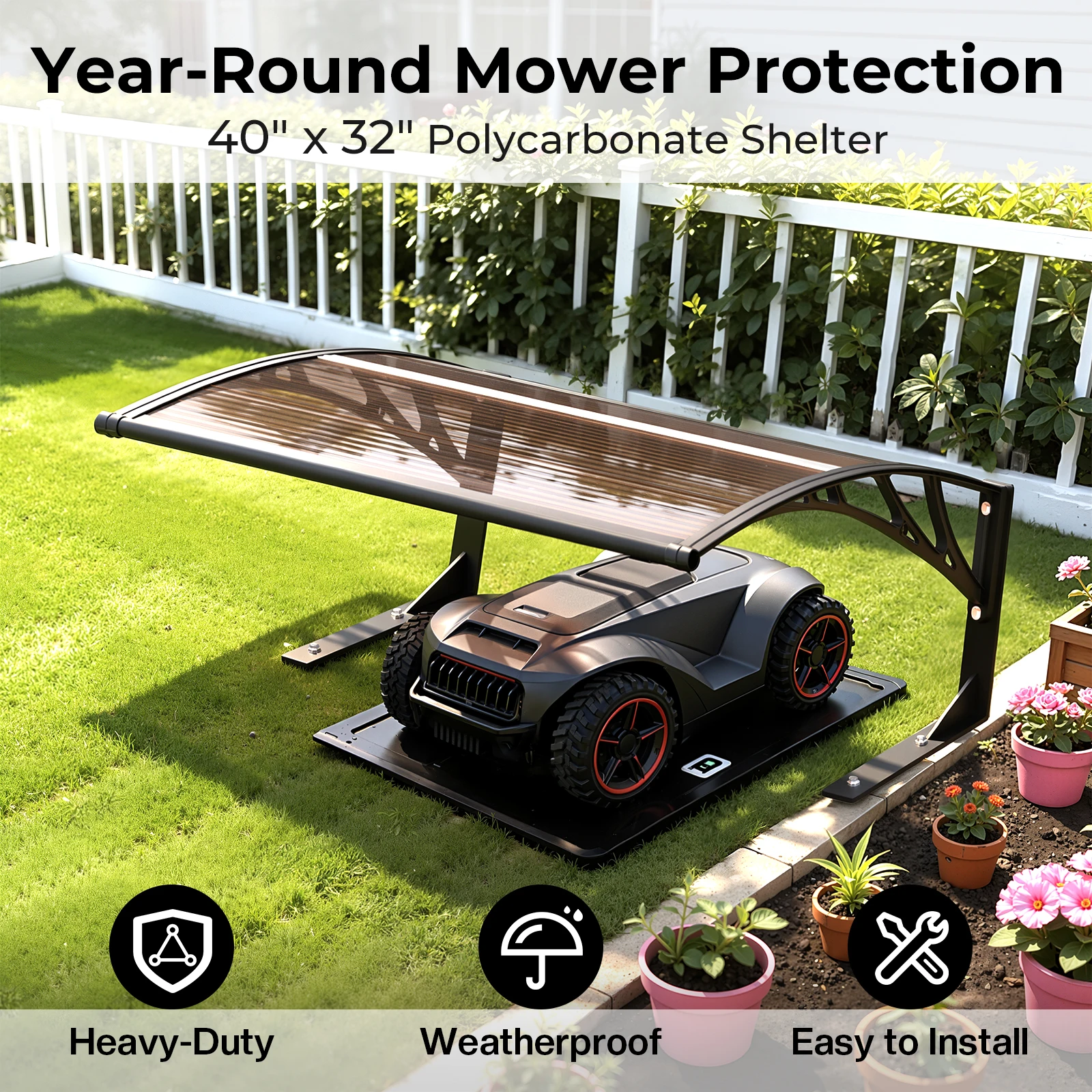 Robotic Lawn Mower Shelter, Polycarbonate Weather Resistant Canopy Cover, Outdoor Rain Snow Sun Shade Roof for Automatic Robot Lawn Mower