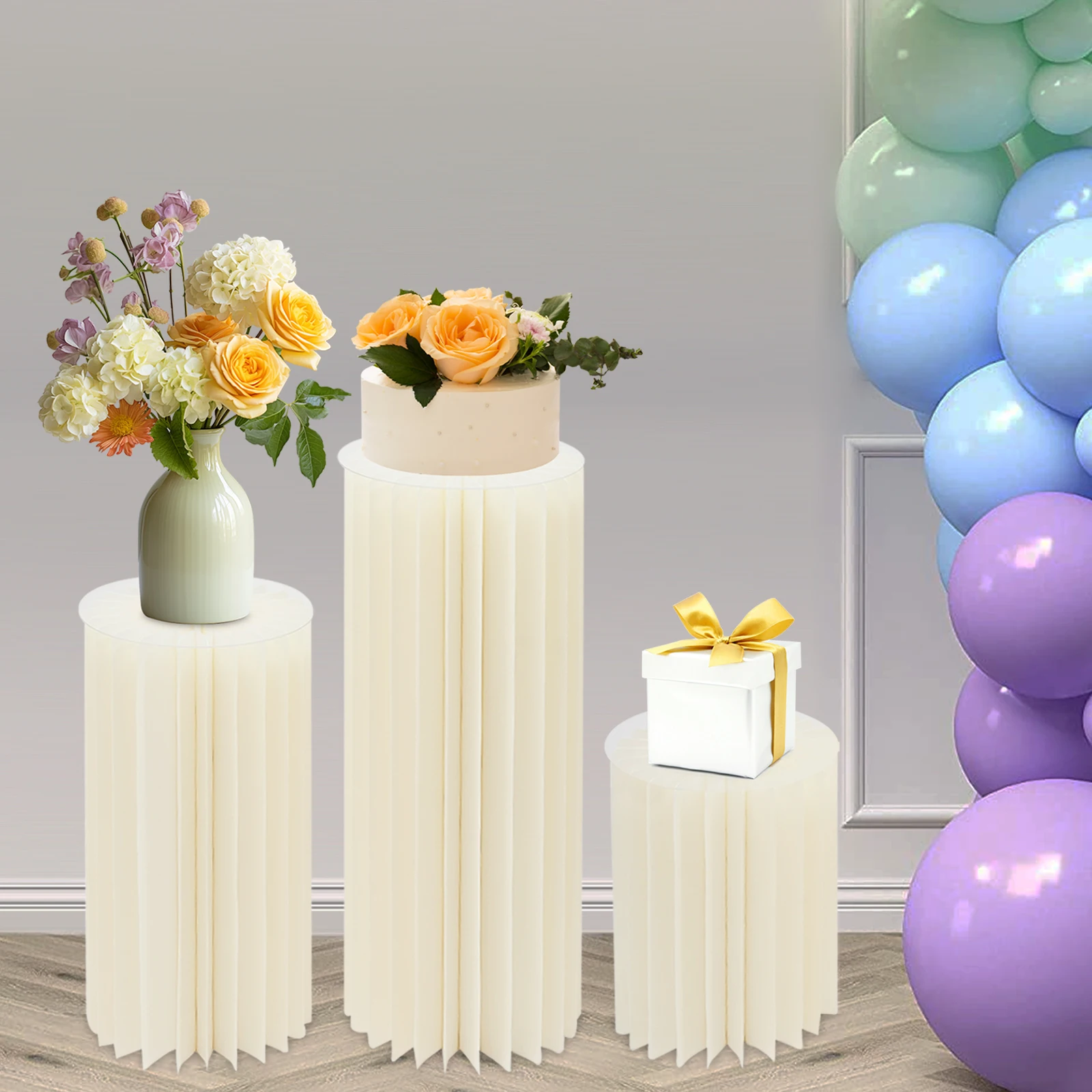 

3-Piece White Cardboard Flower Stands Paper & PVC Material, Honeycomb Shape With 55.12-66.14Lbs Load Capacity For Weddings