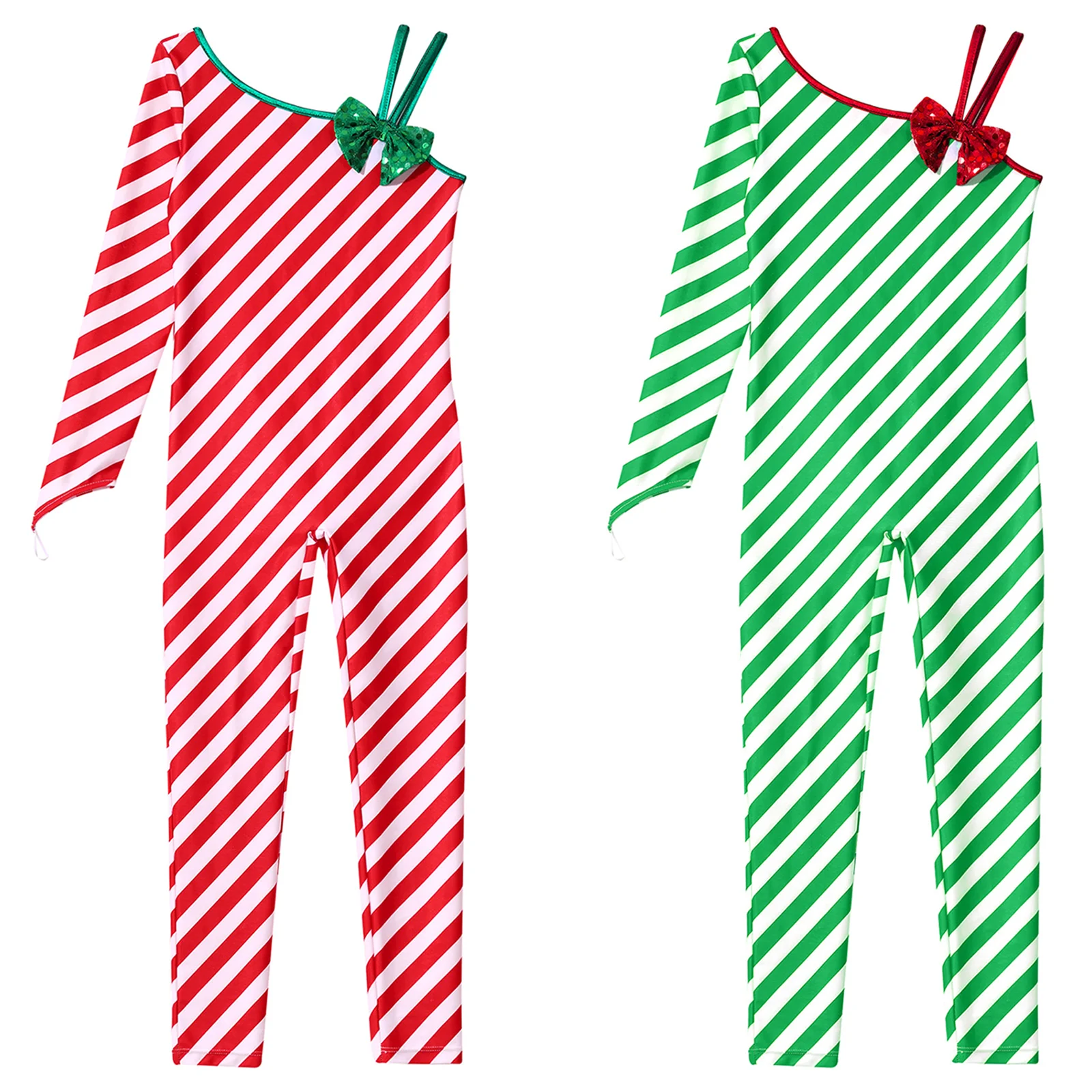 Christmas Jumpsuit Striped Santa Costume Kids Girls Fancy Xmas One Shoulder Strap Bowknot Gymnastics Unitard Ballet Dance Outfit