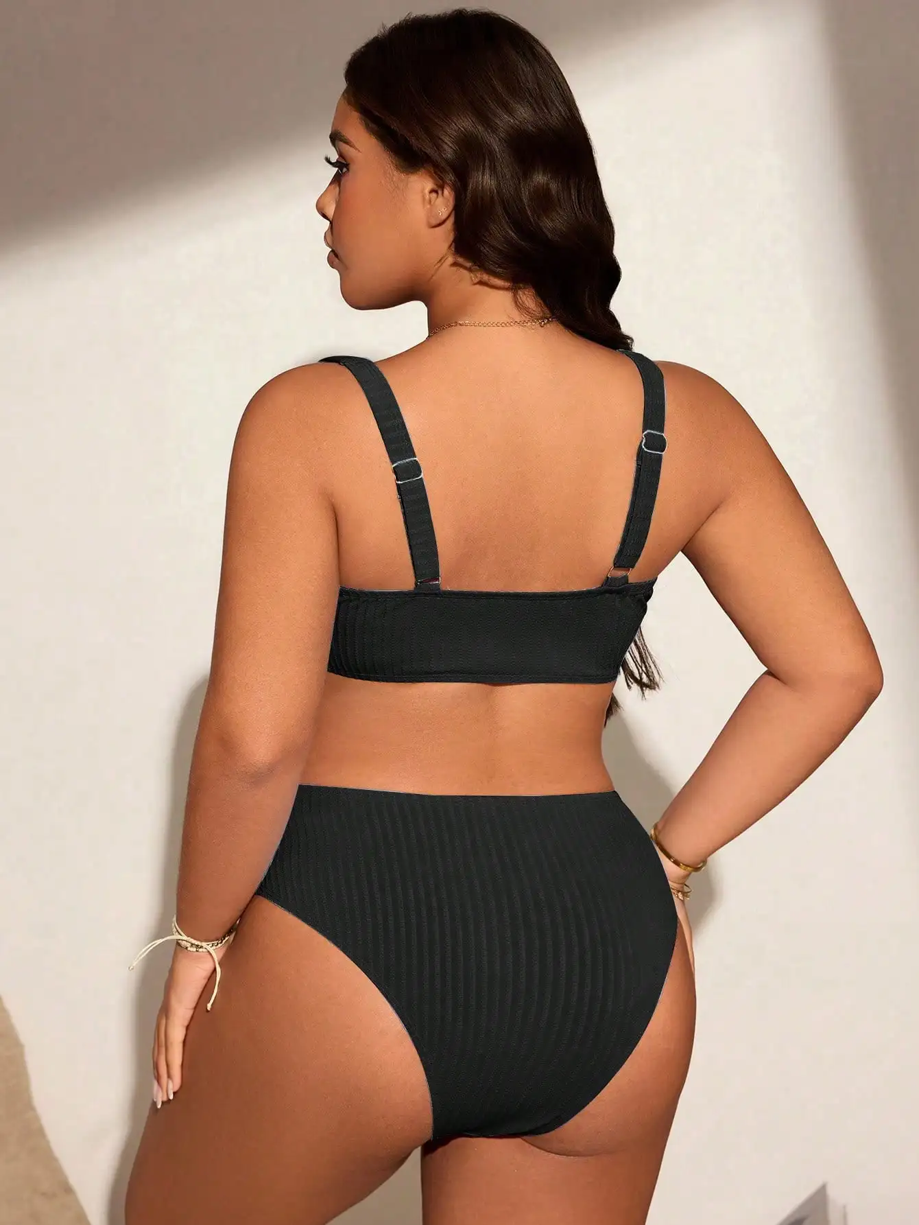 

Plus Size Solid Textured Ribbed Bikini Set For Summer Beach Vacation