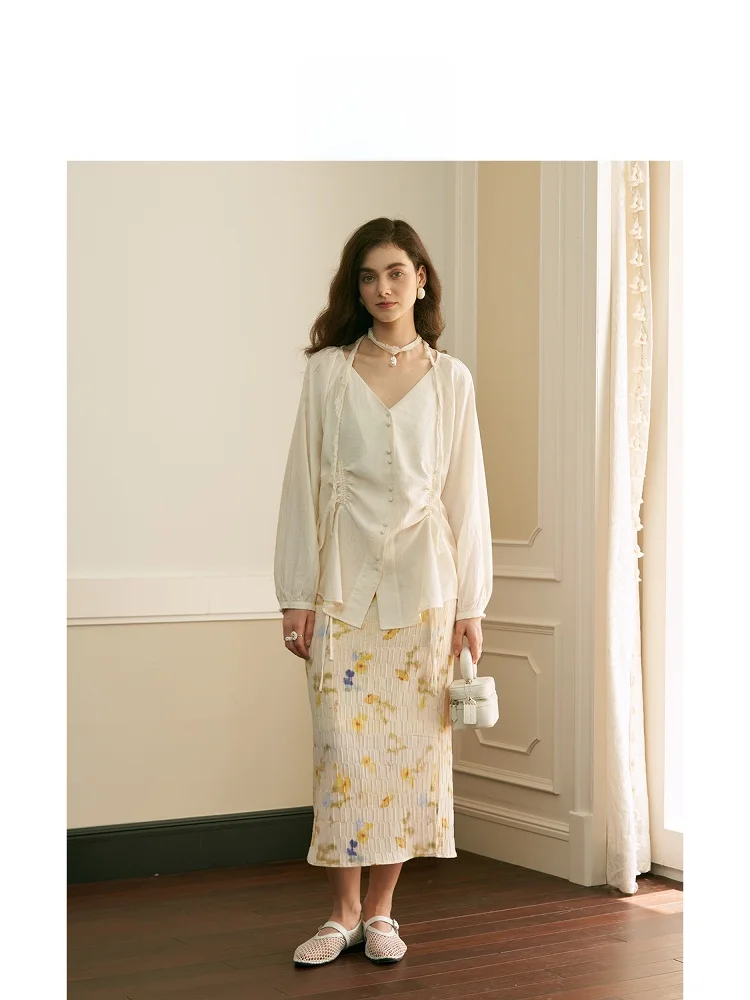 

oll Lightweight Draped Straight Floral Print f Skirt Elastic Waist Commute Sle Polyester Fiber High Waist Skirt