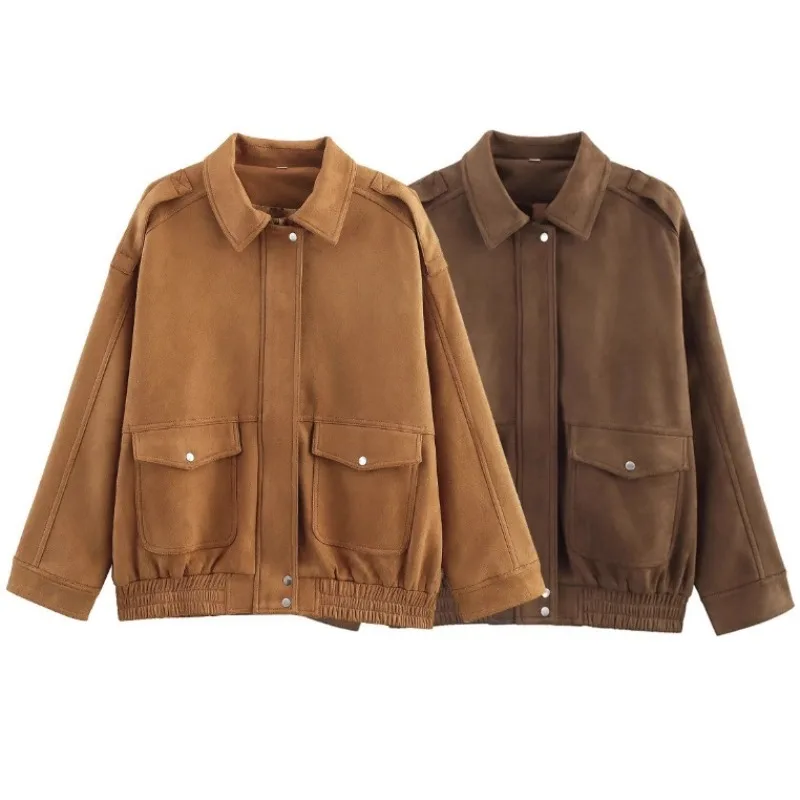 ソリッドカラーフェイクスエードジャケットコート女性ファッションラペル長袖ジッパーオールマッチジャケット女性新しいトレンディなストリートウェアコート