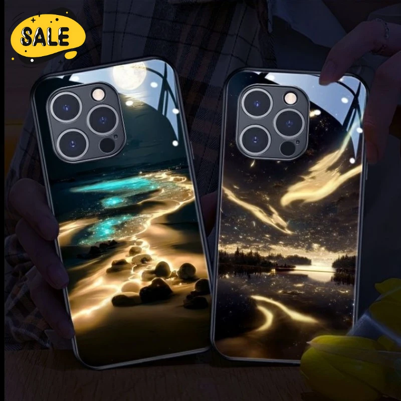 

Чехол для телефона Starry River Beach Smart LED Light Glow Glass для Iphone 15 14 13 12 Pro Max Plus 13 12 Mini Fashion Protector Cover