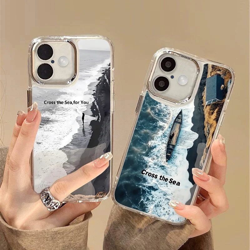 Luxury Coastline Sea Boat Case For iPhone 16 Pro Max Coque iPhone 11 12 13 14 15 Pro Max Plating Lens Frame Clear Silicone Cover