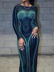 Sexy Human Vein Lines Slim Bodycon Long Dress Women Stripe Print Long Sleeved Backless Skinny Dress Elegant Club Party Vestidos