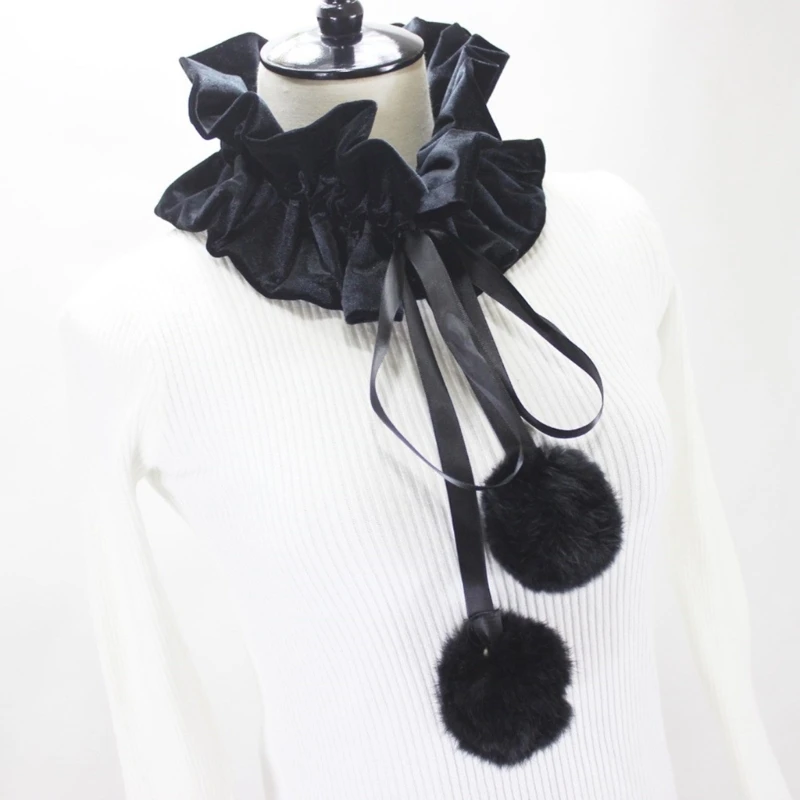 Ruffle Collar Victorian Neck Costume Cosplay Props Victorian Ruffled Pom Pom Faux Collar Shawl Neck Ruff