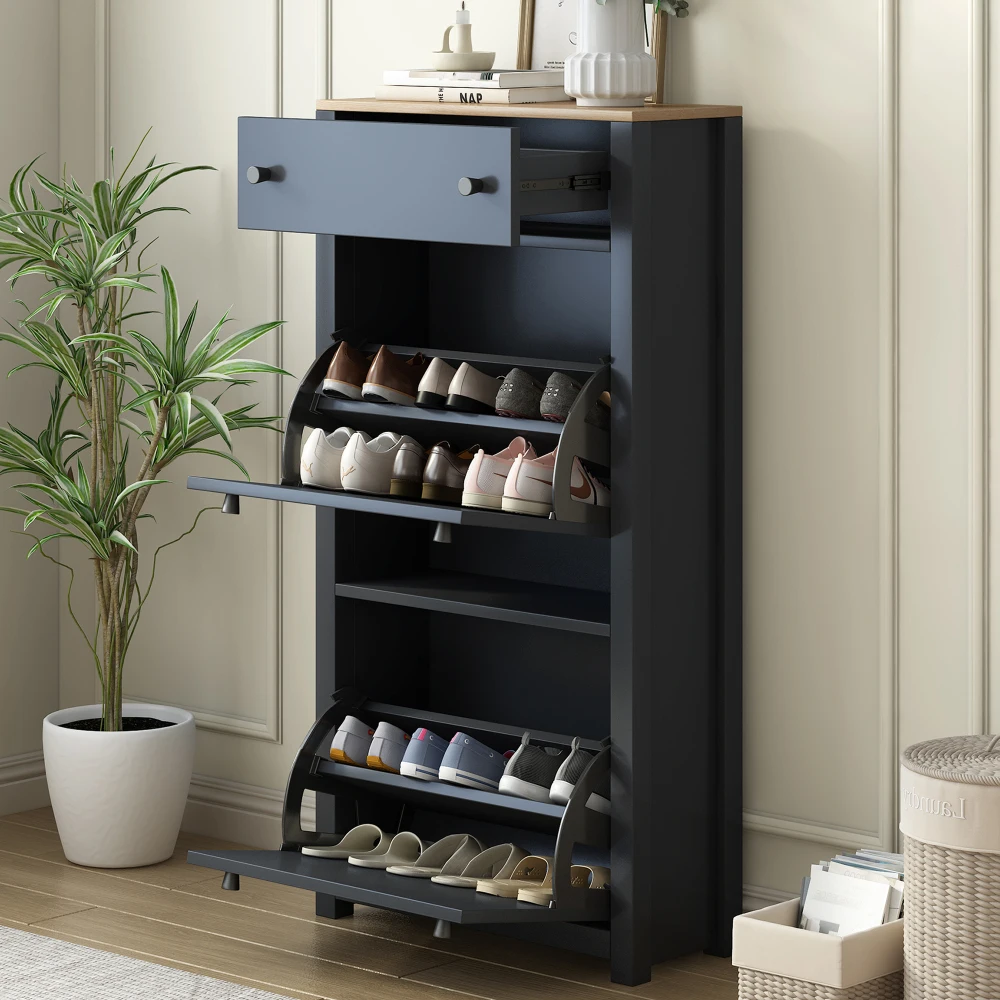 

ON-TREND Entryway Organizer with 2Flip Drawers,Wood Grain Pattern Top Shoe Cabinet with Drawer,Adjustable Panel forHallway,Black