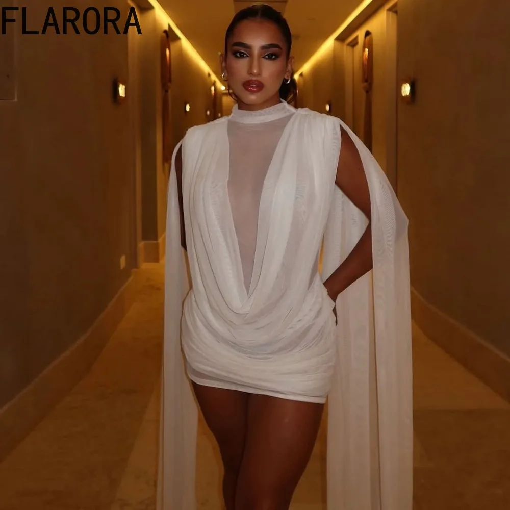 FLARORA Coquette Sexy Patchwork Dress Woman Mesh See Through Swing Neck Sleeveless Peach Hip Mini Dresses Elegant Party Clubwear