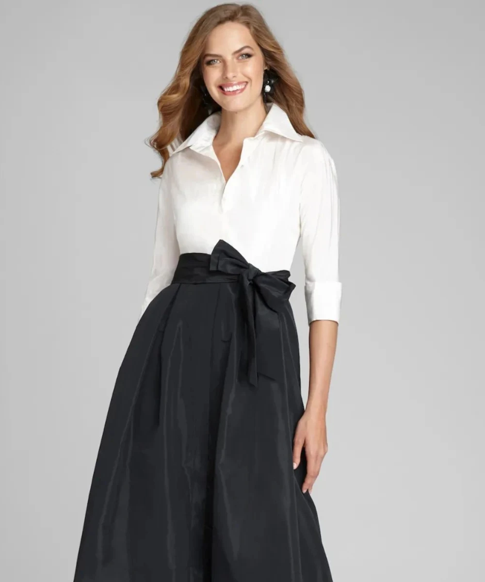 فساتين سهرة باللونين الأبيض والأسود على شكل حرف A مثيرة برقبة على شكل حرف V وأكمام على شكل أم العروس للحفلات الراقصة مع فيونكة