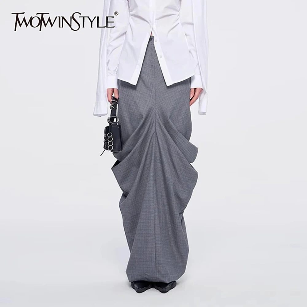 

TWOTWINSTYLE Gray Spliced Folds Chic Skirt Female High Waist Loose Minimalist Temperament Women's Long Skirts Autumn Fashion New