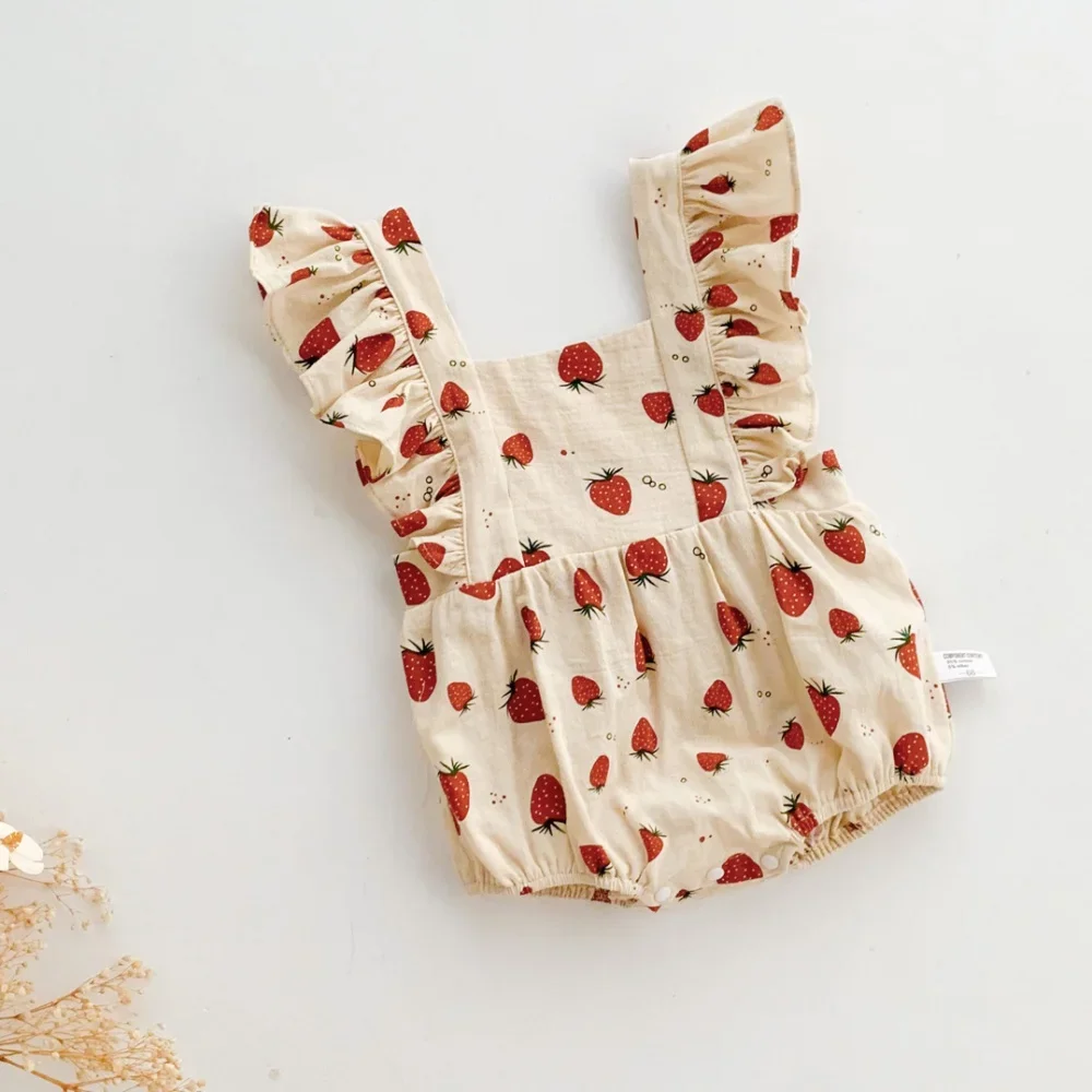 Baby Summer Clothing 0-2Y Strawberry Printed Girls Infant Sleeveless Bodysuit Thin Style Cotton Toddler One Piece Outfit