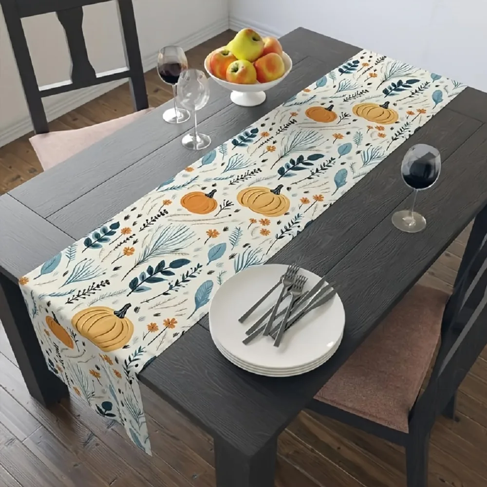 1 Piece of Autumn Pastoral Pumpkin Table Runner, Painted Pumpkin and Flower Pattern, Suitable for Restaurant, Home, Picnic, B&B, Harvest Party Scenes.