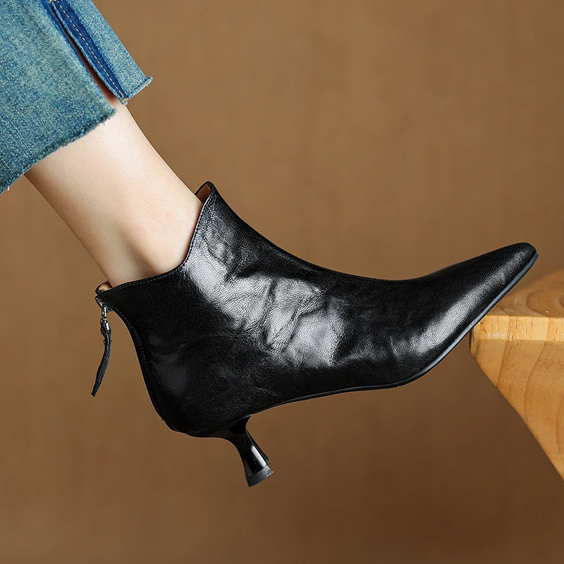 2026 Spring Vintage Pointed Toe Women Ankle Boots Fashion Thick Heel Shoes Concise Short Botas De Mujer