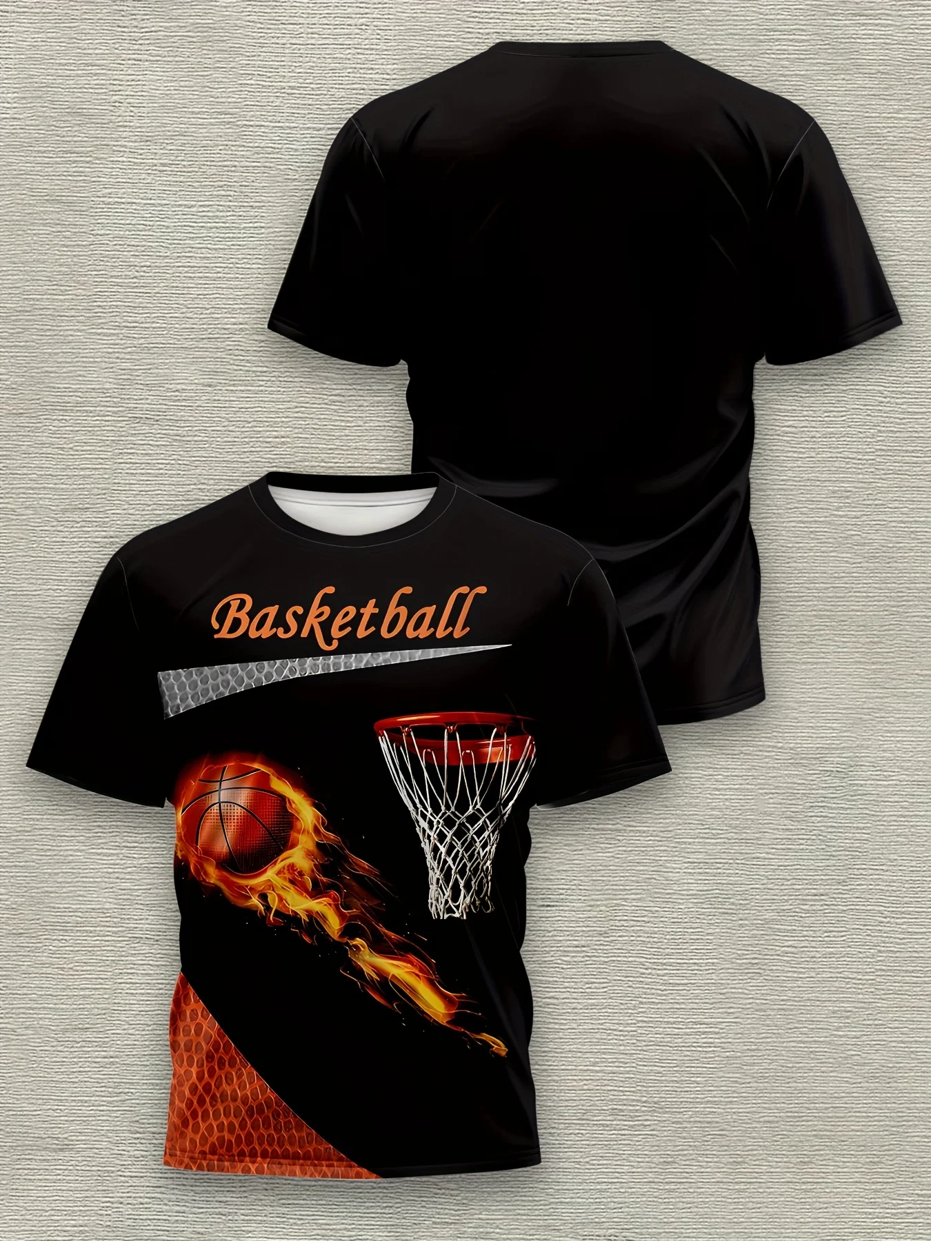 Men Basketball T-Shirt, Fire Basketball Hoop Graphic Print Short Sleeve Crew Neck Sports Fan Tee