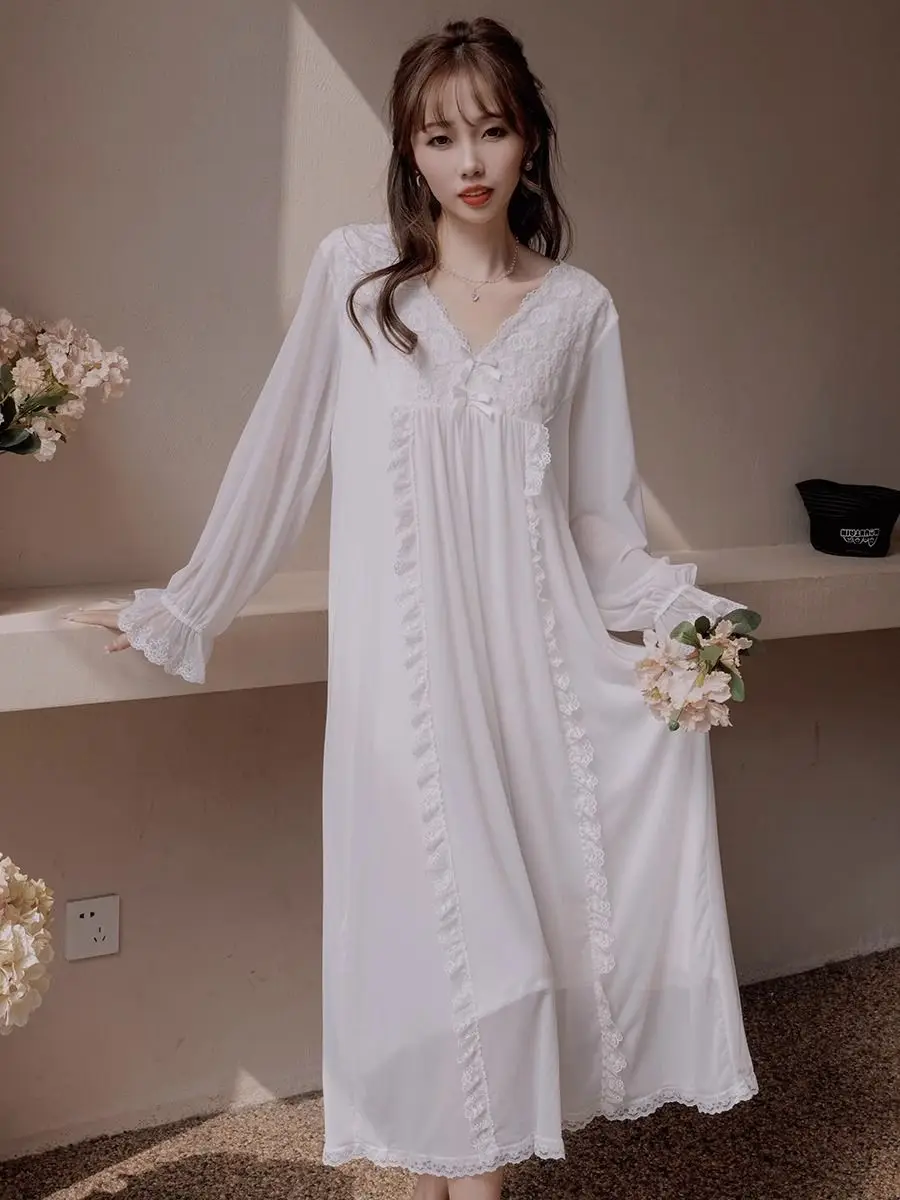 Spring Autumn Night Gown Sweet Dress French Pajama Women Embroidery Lace Long Sleeve Nightgown Loungewear Mesh Dresses Underwear