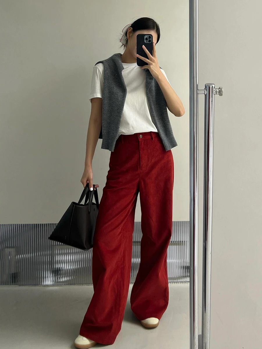 ReddaChic Women's Velvet Wide Pants New Year Party Vintage Red Plain Clean Fit High Waist Trousers Work Casual Everyday Wear