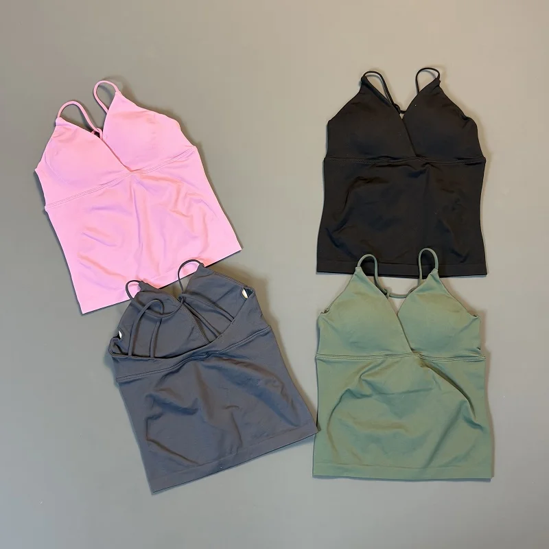 HISTELLO Vision Longline Gym Workout Top Women Cross Back Thin Strap Sports Yoga Top Removable Pads Fitness Activewear