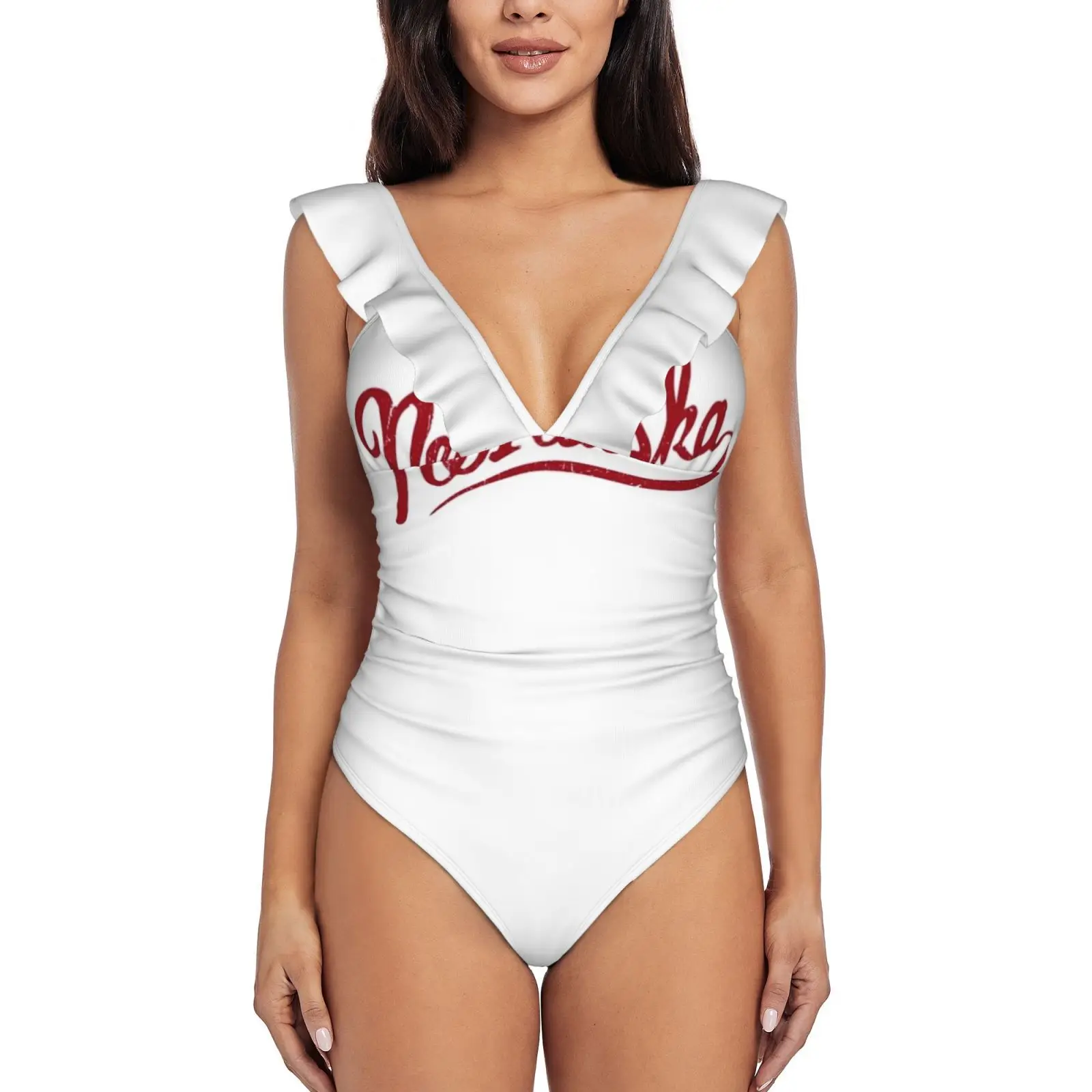 

Nebraska | Hand Drawn | Writing Graphic | Script | Women Ruffle One Piece Swimsuit Sexy Bodysuit Monokini Swimwear Bathing Suit