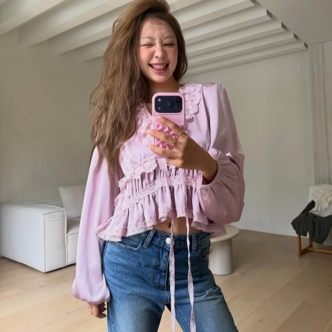 Korean Style Heavyweight Lace Decorated V-Neck Single Button Long Sleeve Shirt Women's Loose Fit Premium Quality Fashion Top