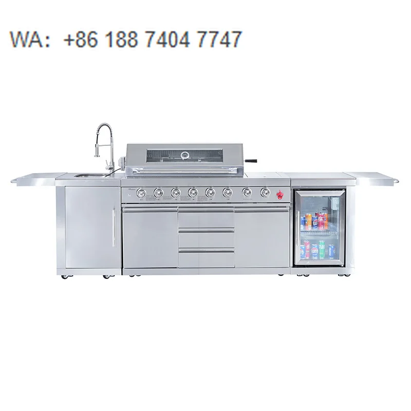 Luxurious Stainless Steel Outdoor Kitchen Cabinet with 6 Burners BBQ Gas Grill New Product-for Camping and Parties with Wheels
