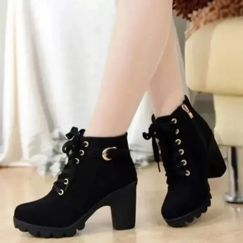 

New High Heel Women's Boots Cross Tie Short Boots Thick Heel Leather shoes High-heeled Women's Shoes Fashion Winter Cotton Boots