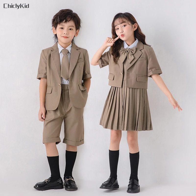 Child School Uniform Girls Korean Jacket Pleated Dress Summer Outfits Boys Blazer Formal Suits Shorts Kids Student Clothes Sets