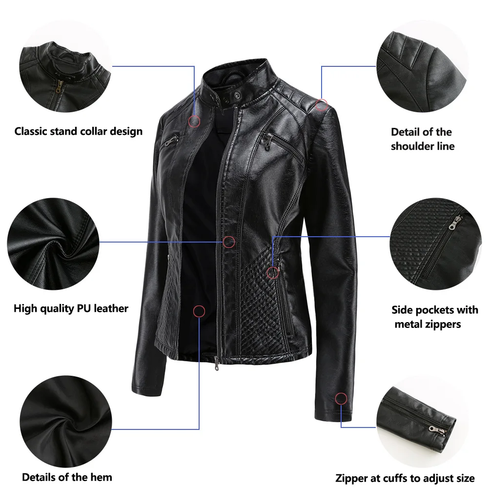 Purchase New Women's Casual Leather Jacket with Stand Up Collar and Slim Fit, Spring and Autumn Zipper Motorcycle Women's Leathe
