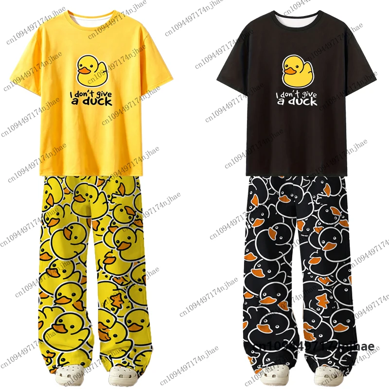 2026 Women’s Tracksuit Cartoon Yellow Duck Print T-Shirt+Pajamas Trousers Sets Casual Pants Suit Couples Clothes 2 Piece Outfits