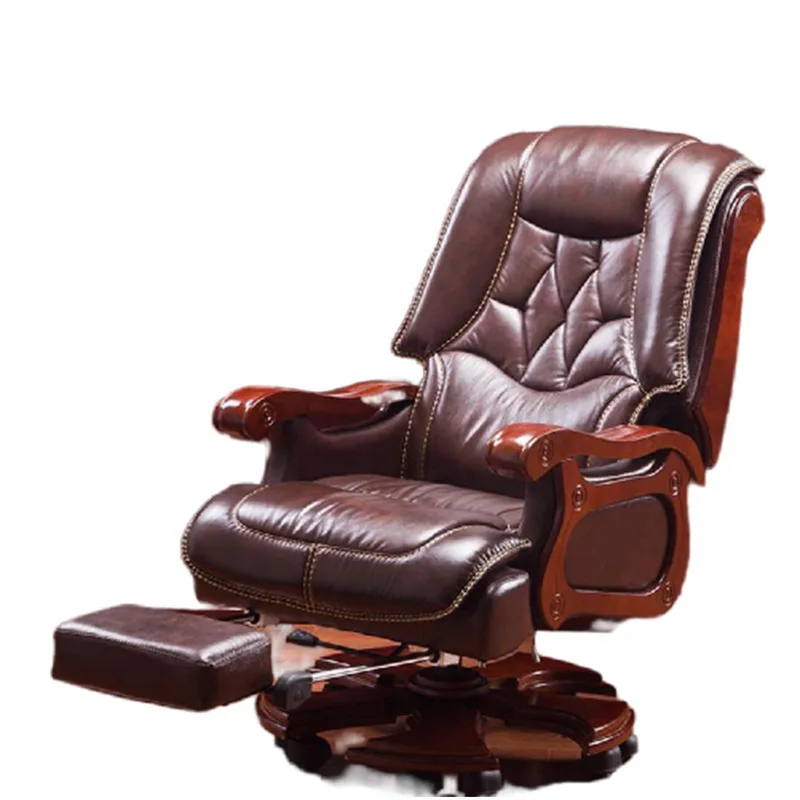 

Reclining High End Solid Wood Cowhide Leather Gas Lift boss Office Chair with Massage and Footrest