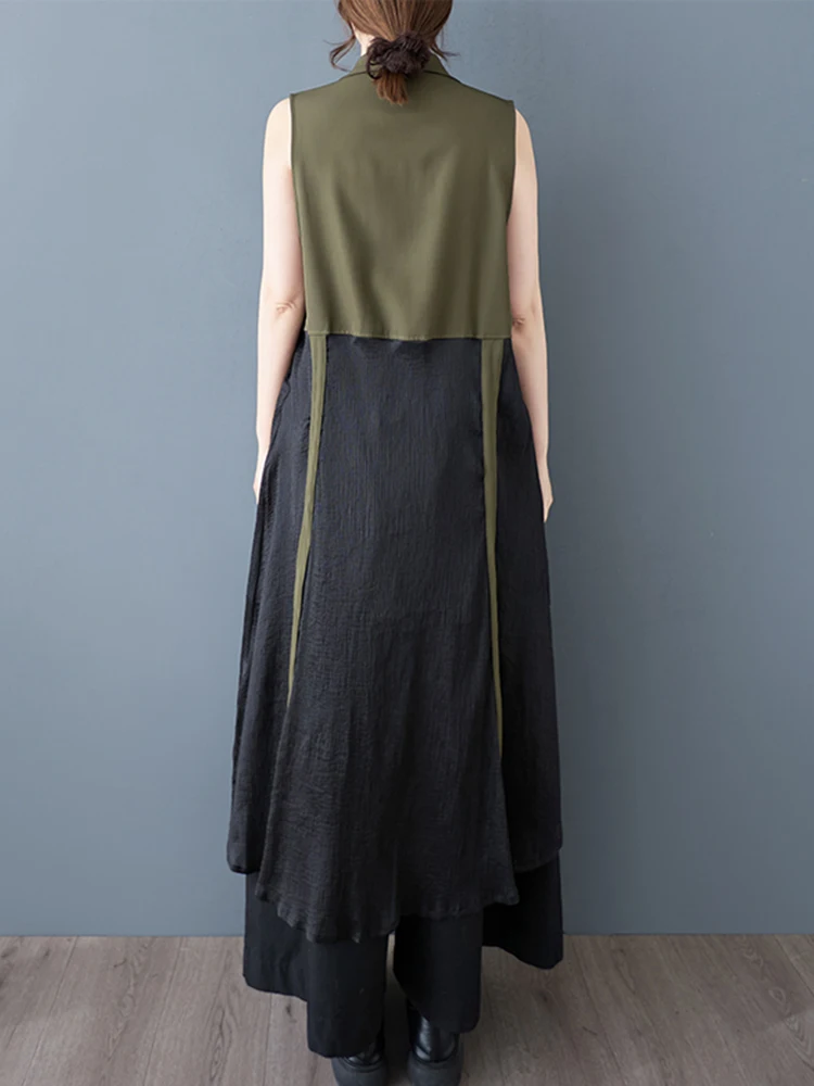 XITAO Patchwork Zipper Lapel Dress Casual Sleeveless New A-line Mid-calf Loose Turn-down Collar Spring Women Dress ZY8938