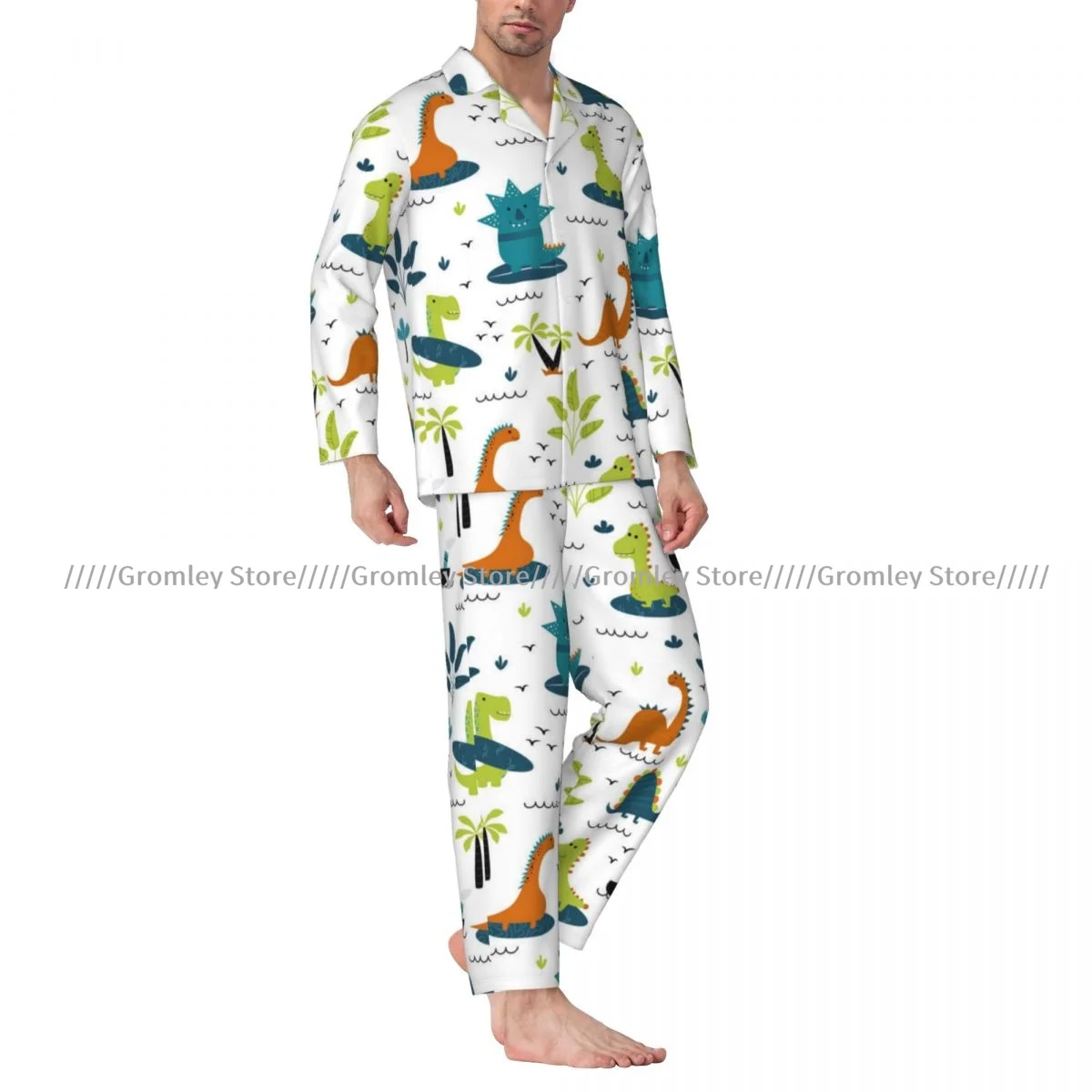 Mens Pajamas Sets Home Suits Dinosaur Cute Kids Pattern Sleepwear Loose Homewear Long-sleeved Casual Sets