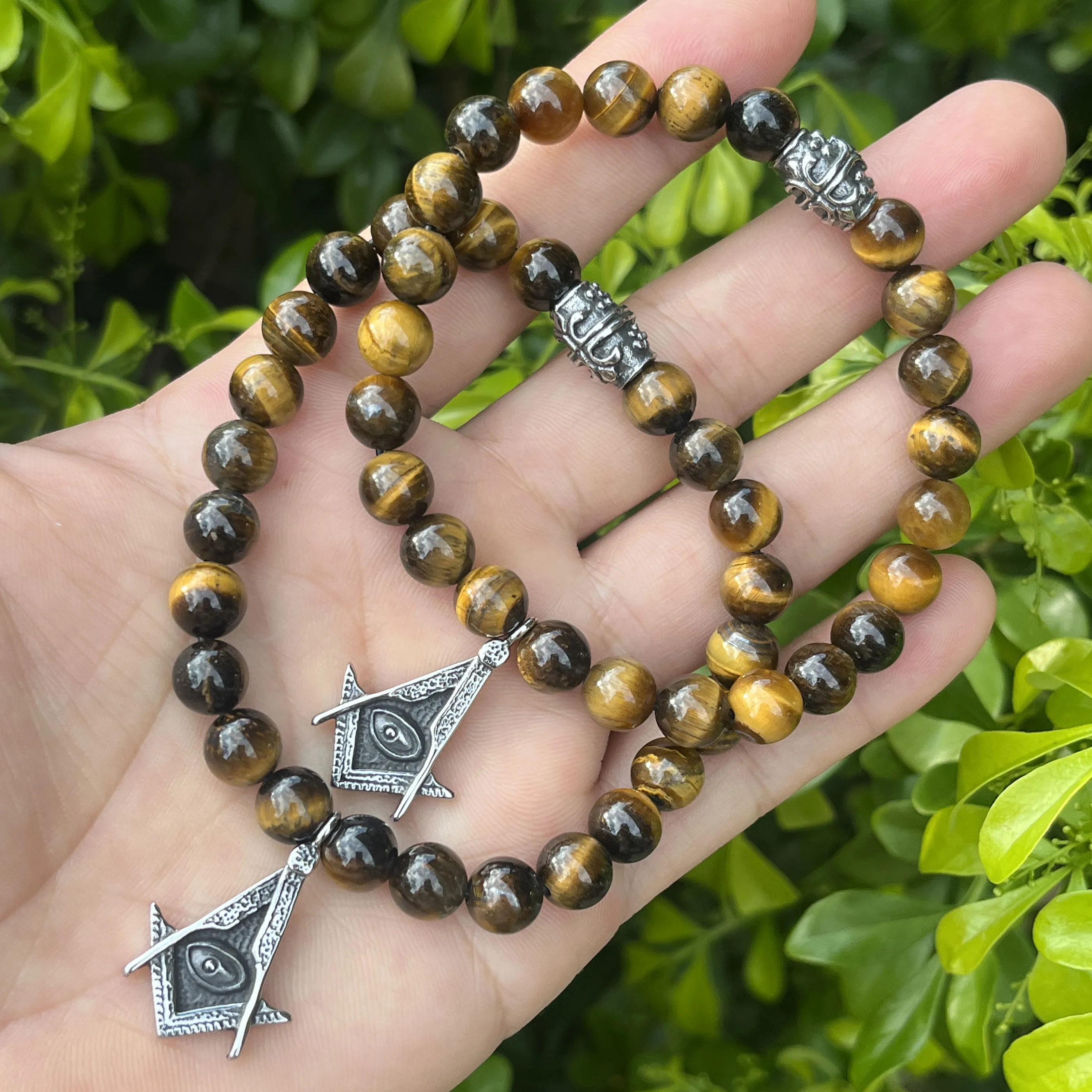 

3 шт., оптовая продажа, мужские масонские украшения, натуральный камень, тигровый глаз, бусины, браслет масон