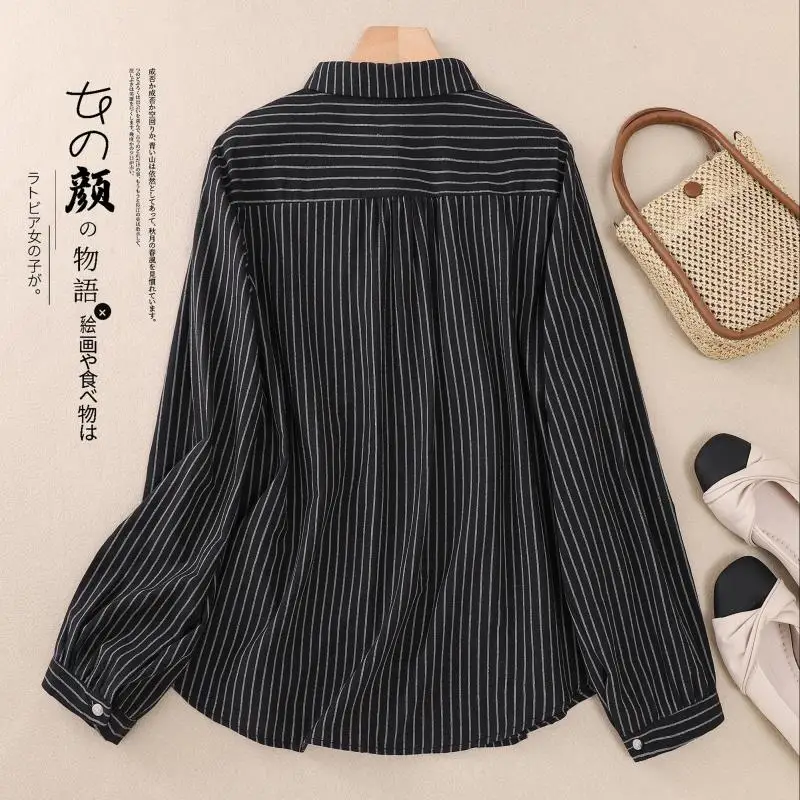 New Spring Autumn Women Long Sleeve Peter Pan Collar Casual Shirts Striped Cotton Linen Single Breasted Casual Blouse Female