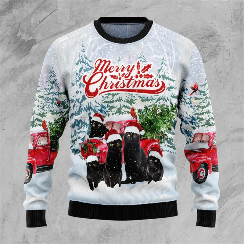 2025 New Cute Cat Ugly Christmas Sweater Fashion Funny Animals 3D Print Sweatshirt Casual Loose Mens Pullovers Kids Tracksuit